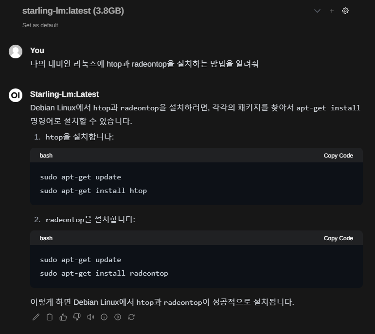 인공지능에게 묻다 나의 데비안 리눅스에 htop과 radeontop을 설치하는 방법을 알려줘. 응답하다 Debian Linux에서 htop과 radeontop을 설치하려면, 각각의 패키지를 찾아서 apt-get install명령어로 설치할 수 있습니다.